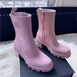 Moncler Pink Winter Rain Boots with Glossy Finish and Rugged Sole